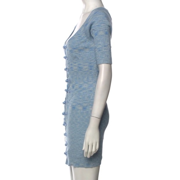 LPA Blue Knit Woven Ribbed Bodycon Tie Front Short Sleeved Scoop Neck Mini Dress - Picture 14 of 15